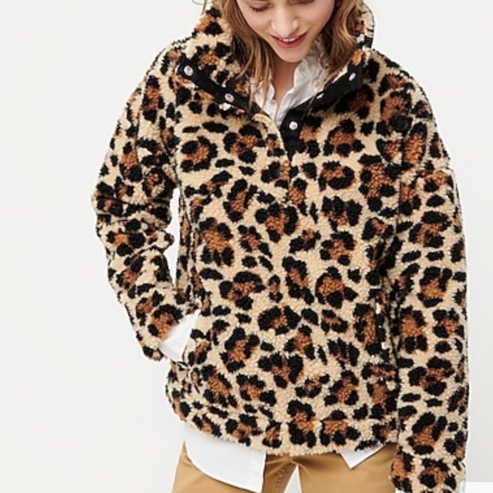 J Crew Sherpa Fleece Leopard Sweatshirt Pullover